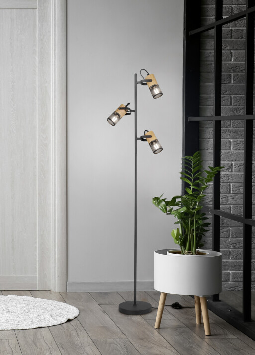 Lampadar Tosh, TRIO, 23x150 cm, 15W, 3x E14, metal, negru mat/natur