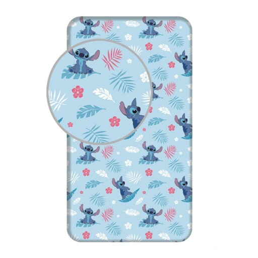 Cearceaf pentru copii albastru din bumbac pentru pat de o persoană cu elastic 90x200 cm Lilo & Stitch "Blue" – Jerry Fabrics