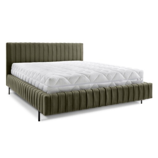 Pat matrimonial verde tapițat cu spațiu de depozitare cu somieră 180x200 cm Plissa – ELTAP