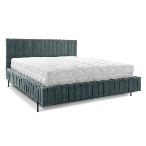 Pat matrimonial petrol tapițat cu spațiu de depozitare cu somieră 140x200 cm Plissa – ELTAP