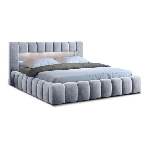Pat matrimonial gri deschis tapițat cu spațiu de depozitare cu somieră 140x200 cm Lamica – ELTAP