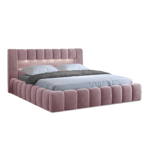 Pat matrimonial roz tapițat cu spațiu de depozitare cu somieră 140x200 cm Lamica – ELTAP