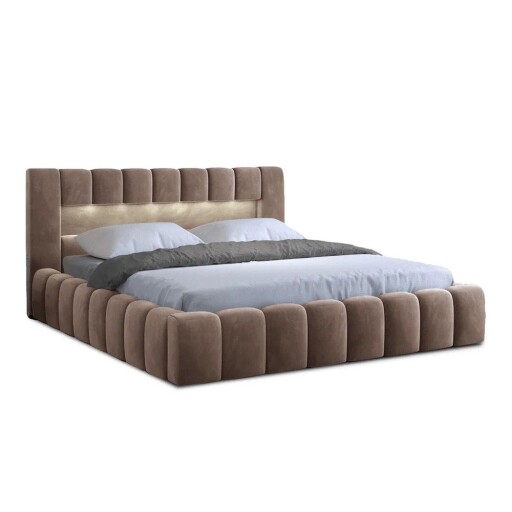 Pat matrimonial maro deschis tapițat cu spațiu de depozitare cu somieră 180x200 cm Lamica – ELTAP