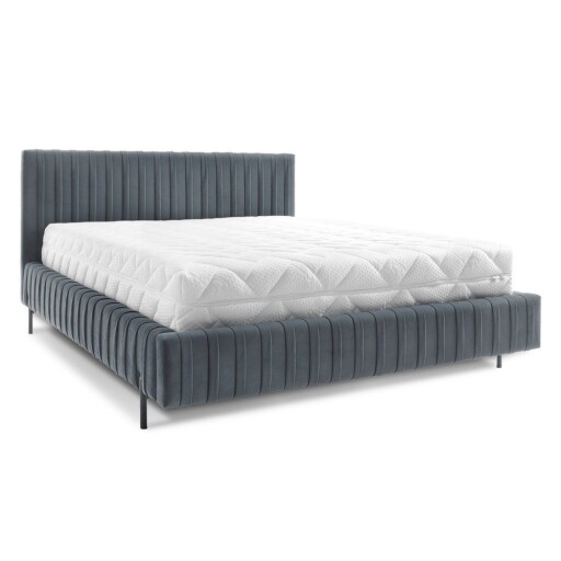 Pat matrimonial albastru tapițat cu spațiu de depozitare cu somieră 160x200 cm Plissa – ELTAP