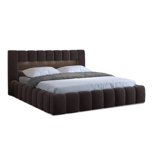 Pat matrimonial maro închis tapițat cu spațiu de depozitare cu somieră 160x200 cm Lamica – ELTAP