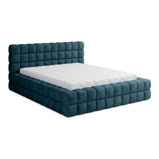 Pat matrimonial albastru tapițat cu spațiu de depozitare cu somieră 140x200 cm Dizzle – ELTAP
