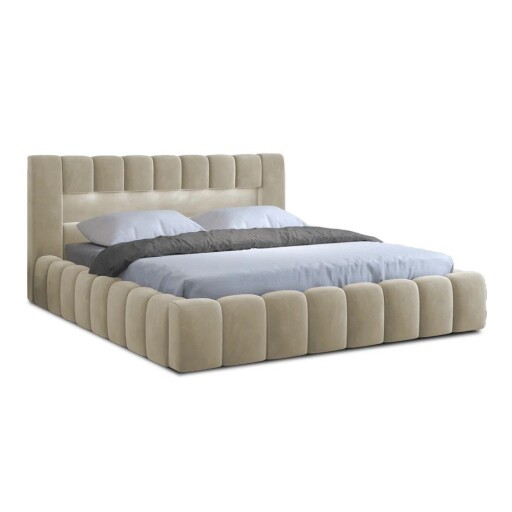 Pat matrimonial bej tapițat cu spațiu de depozitare cu somieră 140x200 cm Lamica – ELTAP