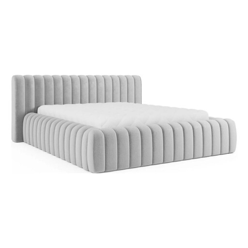 Pat matrimonial gri deschis tapițat cu spațiu de depozitare cu somieră 140x200 cm Carilla – ELTAP