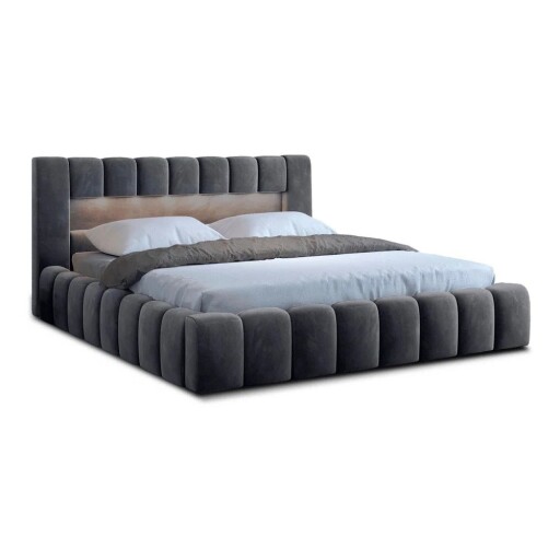 Pat matrimonial gri tapițat cu spațiu de depozitare cu somieră 160x200 cm Lamica – ELTAP