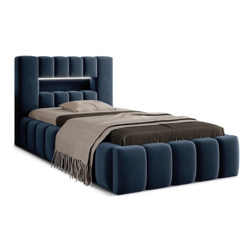 Pat albastru închis tapițat cu spațiu de depozitare cu somieră 90x200 cm Lamica – ELTAP
