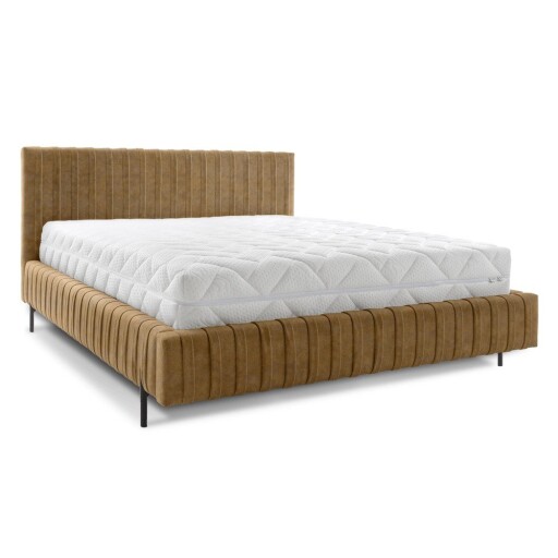 Pat matrimonial galben ocru tapițat cu spațiu de depozitare cu somieră 180x200 cm Plissa – ELTAP