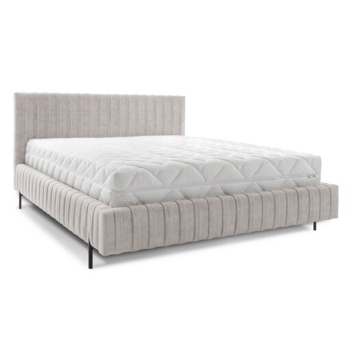 Pat matrimonial bej tapițat cu spațiu de depozitare cu somieră 180x200 cm Plissa – ELTAP