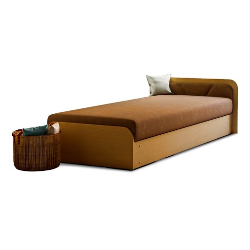 Pat galben ocru/maro tapițat/din placă aglomerată de lemn cu spațiu de depozitare cu saltea 80x190 cm Parys – ELTAP