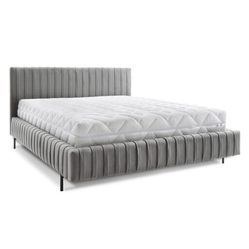 Pat matrimonial gri tapițat cu spațiu de depozitare cu somieră 180x200 cm Plissa – ELTAP