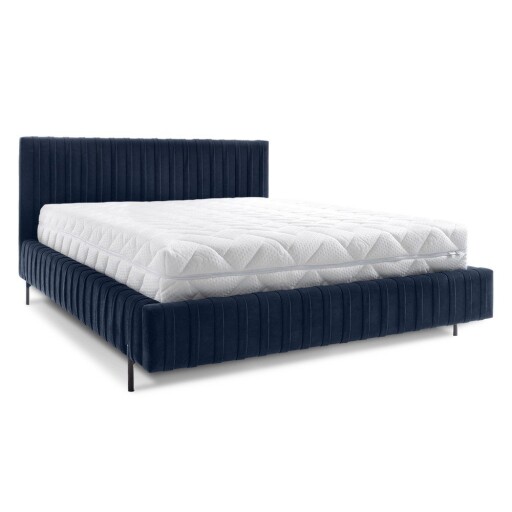 Pat matrimonial albastru închis tapițat cu spațiu de depozitare cu somieră 140x200 cm Plissa – ELTAP