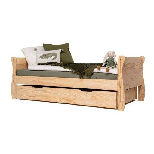 Pat pentru copii în culoare naturală cu extensie suplimentară din lemn de pin cu spațiu de depozitare cu somieră 90x180 cm Roma – Adeko