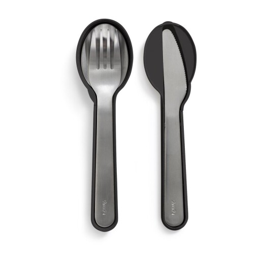 Set de tacâmuri de călătorie negru/argintiu din oțel inoxidabil 3 buc. To Go – Lékué