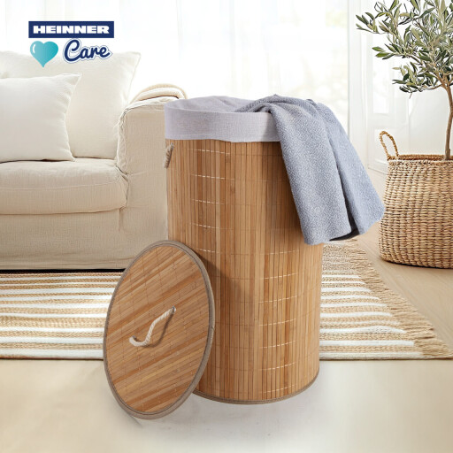 Cos pentru rufe rotund Heinner Care, 35x60 cm, 55 L, bambus/textil, natur/alb