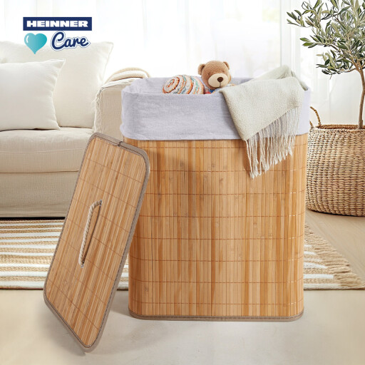 Cos pentru rufe dreptunghiular Heinner Care, 40x30x60 cm, 70 L, bambus/textil, natur/alb