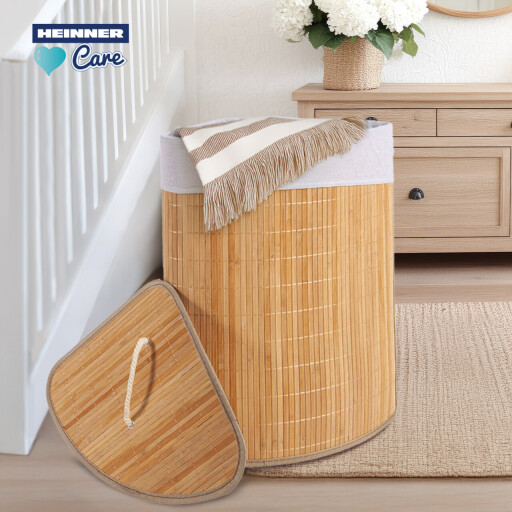 Cos pentru rufe de colt Heinner Care, 35x35x60 cm, 55 L, bambus/textil, natur/alb