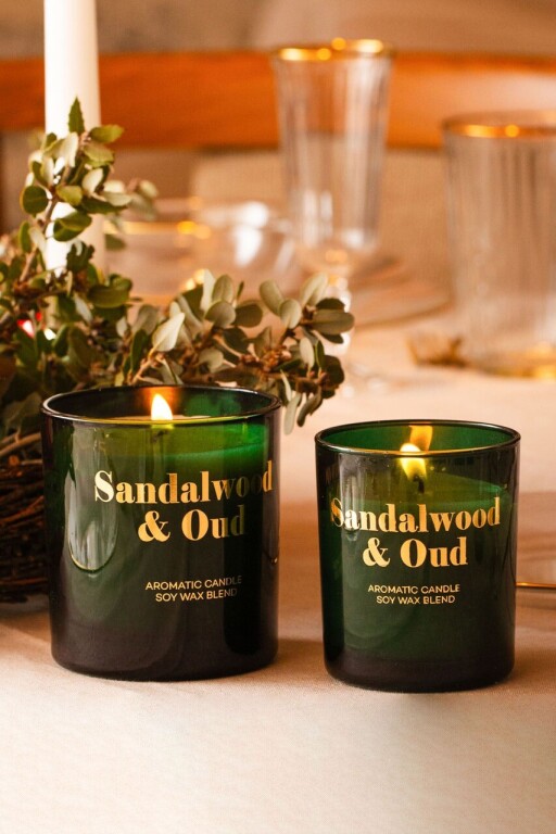 Set de lumanari, Glam Sandalwoodd &amp; Oud, Sticla, Verde