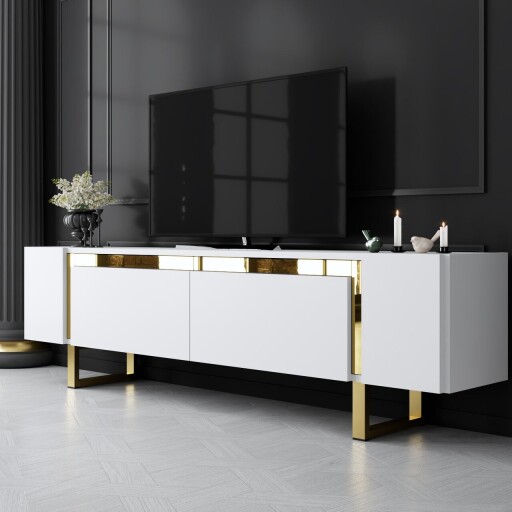 Comoda TV, Hanah Home, Yildiz, 180x50x30 cm, PAL, Alb/Auriu