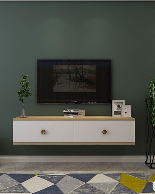 Comoda TV, Hanah Home, Zuzu 120, 120x25.8x29.6 cm, PAL , Stejar Safir / Alb / Auriu