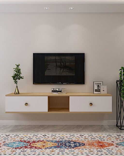 Comoda TV, Hanah Home, Zuzu 150, 150x25.6x29.6 cm, PAL , Stejar Safir / Alb