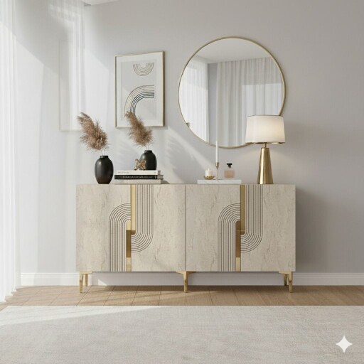 Consola, Hanah Home, Meyra 150, 150x75x32 cm, PAL , White / Travertine / Gold