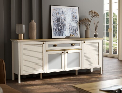 Consola, Hanah Home, FRN-21008, 201.8x82x44.2 cm, PAL, Crem / Stejar / Gri