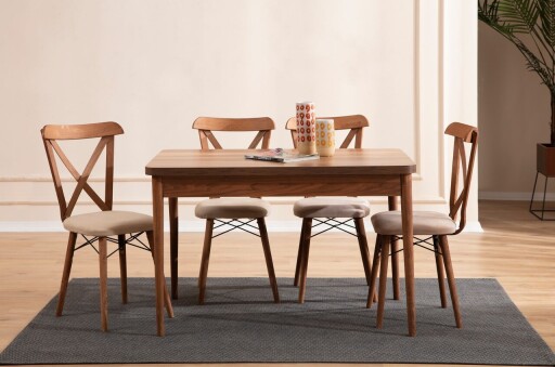 Set masa extensibila si scaune, Hanah Home, Cenova, Lemn de carpen;PAL, Maro