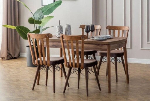 Set masa extensibila si scaune, Hanah Home, Fergana, Lemn de carpen;PAL, Maro