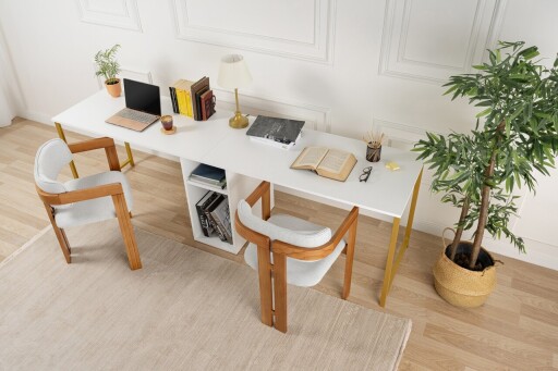 Birou, Hanah Home, Twin Study Desk, 240x74x60 cm, PAL, Alb/Auriu