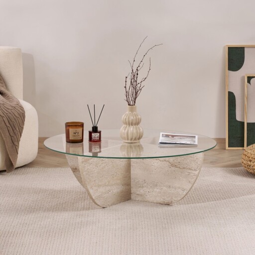 Masuta de cafea, Hanah Home, Liya, 90x30x90 cm, Sticla temperata , Travertin