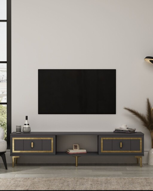 Comoda TV, Hanah Home, Orion, 150x44.6x29.6 cm, PAL , Antracit / Aur