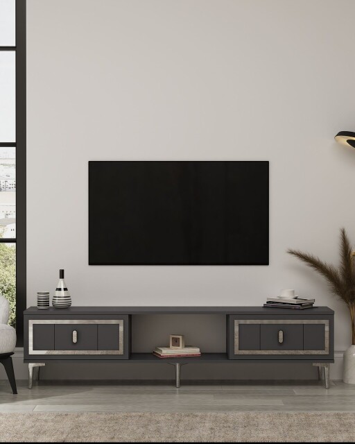 Comoda TV, Hanah Home, Orion, 150x44.6x29.6 cm, PAL , Antracit / Argintiu