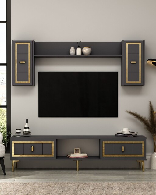 Comoda TV, Hanah Home, Orion, 150x44.6x29.6 cm, PAL , Antracit / Aur