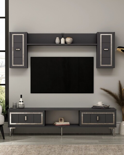 Comoda TV, Hanah Home, Orion, 150x44.6x29.6 cm, PAL , Antracit / Argintiu