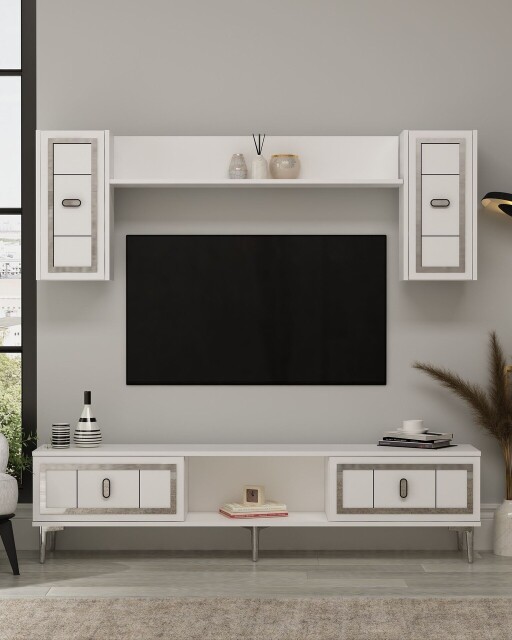 Comoda TV, Hanah Home, Orion, 150x44.6x29.6 cm, PAL , Alb / Argintiu