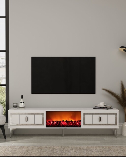 Comoda TV, Hanah Home, Orion Fireplace, 150x44.6x29.6 cm, PAL , Alb / Argintiu