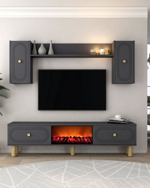 Comoda TV, Hanah Home, Polen Bohem Fireplace, 150x44.6x29.6 cm, PAL , Antracit