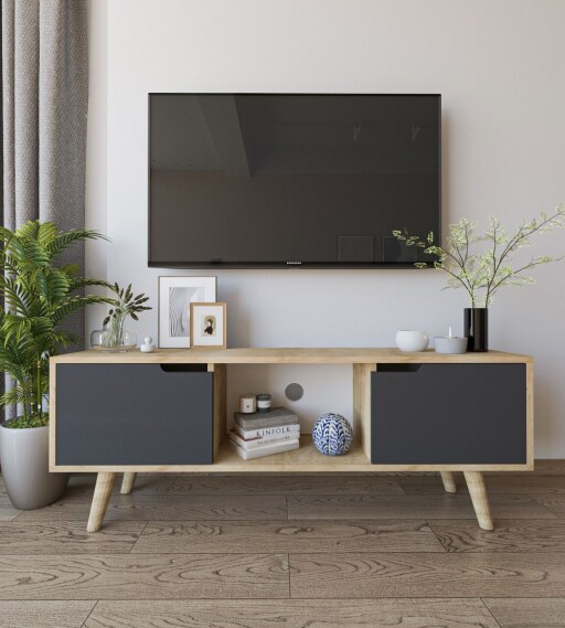 Comoda TV, Hanah Home, Siena, 139.7x53x53 cm, PAL, Stejar safir / Antracit