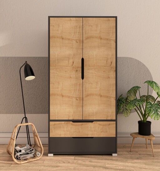 Dulap pentru haine, Hanah Home, Flora 90, 90x183x45 cm, PAL, Stejar antracit / safir