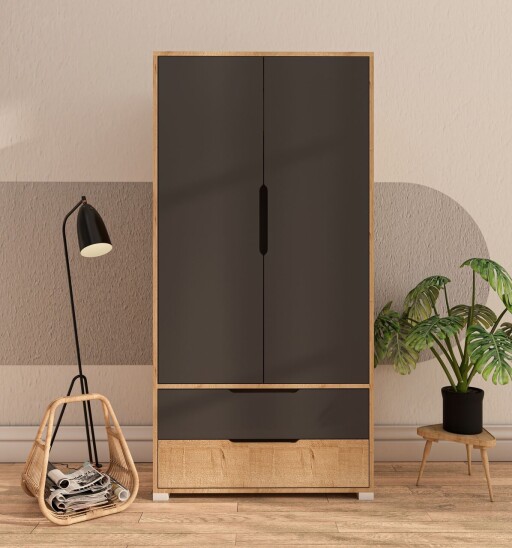Dulap pentru haine, Hanah Home, Flora 90, 90x183x45 cm, PAL, Stejar safir / Antracit
