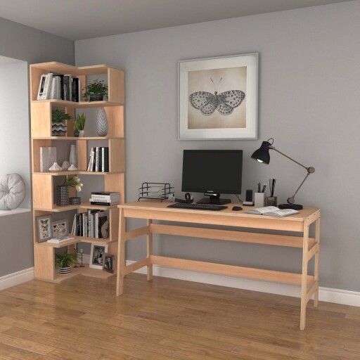 Set birou si biblioteca, Hanah Home, CPT4801-150, 55x192x27 cm, Placaj, Natural