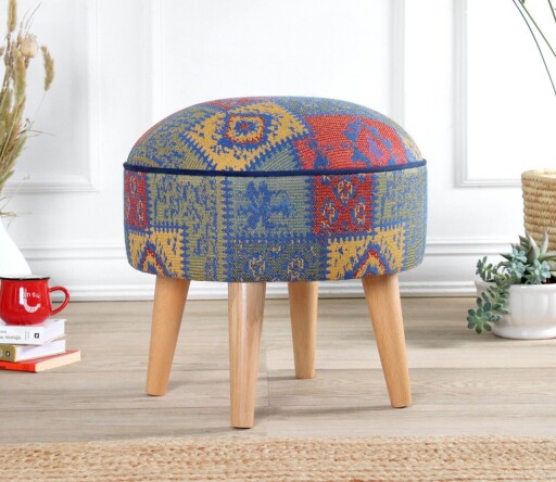 Taburet, Atelier del Sofa, 209FLF1422, 50% bumbac, 50% in, Albastru