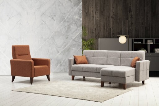 Set de canapea, Atelier del Sofa, 730MST1317, Metal / Lemn, Gri deschis