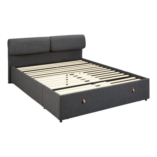 Pat matrimonial gri închis tapițat cu spațiu de depozitare cu somieră 160x200 cm Calvi – Actona