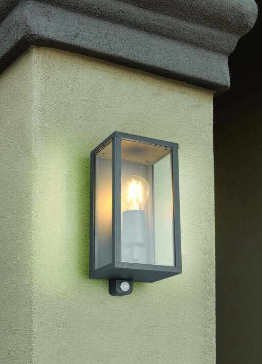 Aplica de perete pentru exterior cu senzor Garonne, TRIO, 14x13.5x29 cm, 60W, 1x E27, aluminiu, antracit