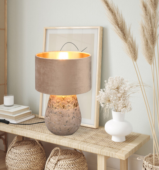 Lampa de masa Kiran, RL, 26x38 cm, 60W, 1x E27, ceramica/catifea, gri/bej
